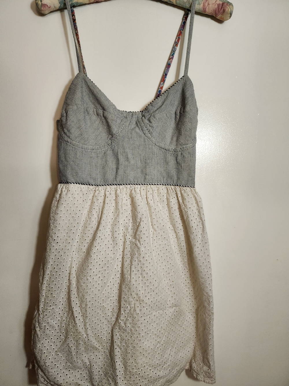 Roxy - Gray and White / Cream Spaghetti Strap Eyelet Dress - Size Medium